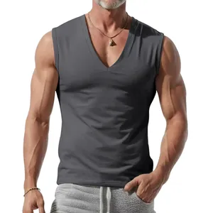 Men's casual dark grey V-neck sleeveless tank top with a minimalist solid color.