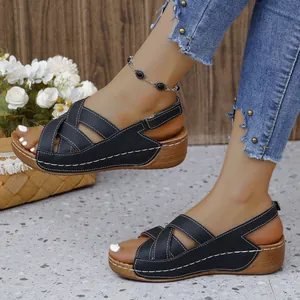 Close-up view of black women's wedge sandals featuring crossover straps and thick soles.