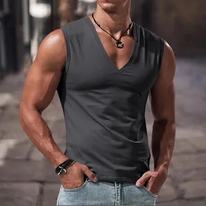 Detailed view of a stylish dark grey V-neck sleeveless tank top for men's casual wear