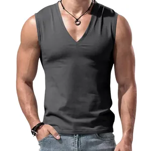 Men's athletic grey V-neck sleeveless cotton tank top for casual summer fitness wear