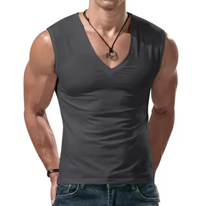 Close-up detail of a men's dark grey V-neck sleeveless tank top on a fit model.
