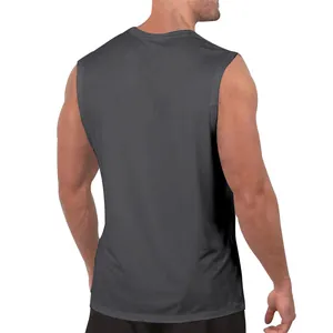 Back view detail of a loose dark grey men's sleeveless tank top for summer leisure