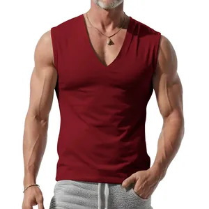 Detailed view of a men's deep V-neck sleeveless tank top in a rich burgundy red color