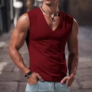 Close-up of men's burgundy V-neck sleeveless tank top with focus on fabric texture