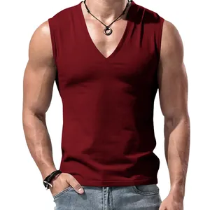 Men's minimalist burgundy V-neck sleeveless sports vest in a slim fit style