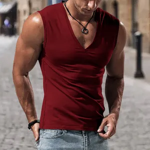 Detailed view of a stylish men's deep V-neck sleeveless tank top in burgundy red