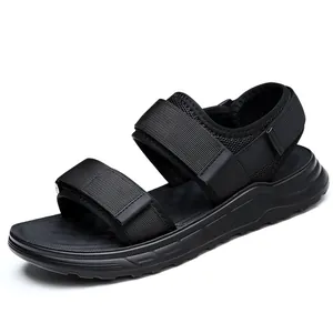 Men's athletic black beach sandals featuring triple adjustable velcro straps and textured sole
