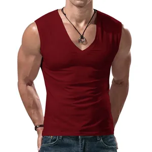 Close-up detail view of a men's burgundy V-neck sleeveless tank top with a slim fit design.