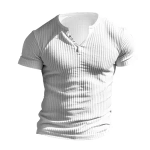 Professional white ribbed knit short sleeve Henley t-shirt for men with buttons