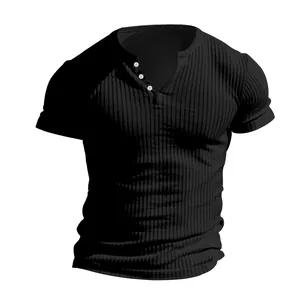 Slim fit men's black ribbed knit Henley shirt with three buttons and short sleeves