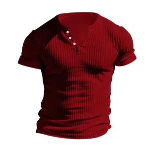 Slim fit burgundy ribbed knitted Henley shirt for men with short sleeves
