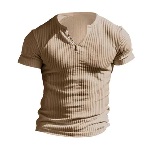 Men's khaki ribbed knit Henley T-shirt with three-button casual short sleeve design