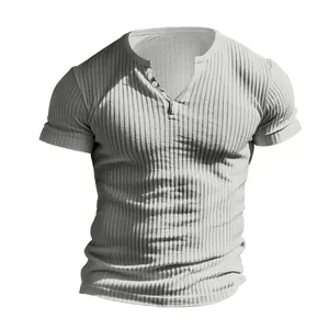 Men's casual light grey ribbed knit short sleeve Henley t-shirt with button neck
