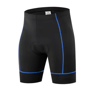 Macro view of black cycling shorts with blue contrast stitching and 3D padded seat cushion
