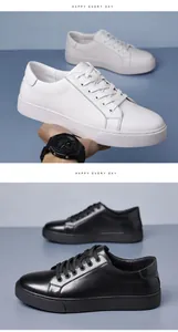 Vista de detalle de zapatillas de cuero genuino para hombre en colores blanco y negro.