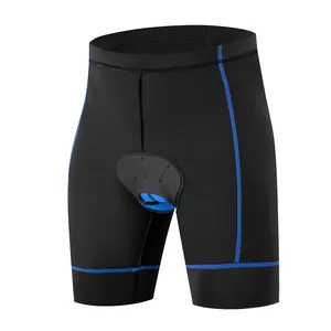 Detail view of padded cycling shorts with blue contrast stitching and gel cushion