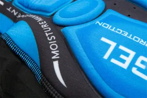 Close-up of thick blue gel padding for cycling shorts with moisture management feature