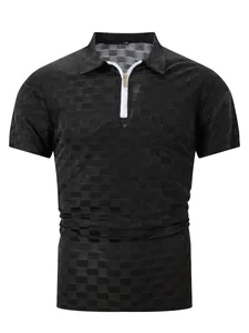 Detailed shot of black checkered jacquard texture on men's half-zip polo shirt