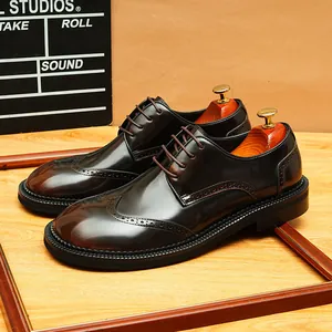 Chaussures Derby Brogue Style Britannique pour Hommes en Cuir de Vachette Pleine Fleur Véritable Bout Rond Lacets Business Casual