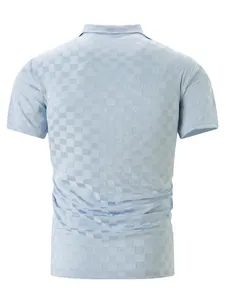 Back view of light blue men's sports polo shirt with unique checkerboard jacquard pattern texture