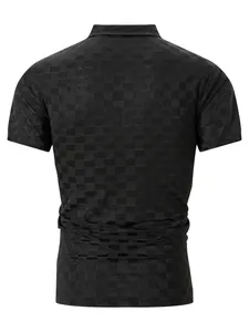 Back view of black men's polo shirt featuring a textured checkered jacquard pattern