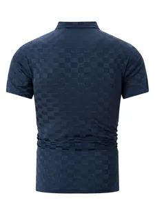 Back view of navy blue men's polo shirt with subtle checkered jacquard texture