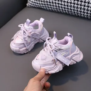Purple mesh breathable sneakers for toddlers with non-slip soft sole and heart detail