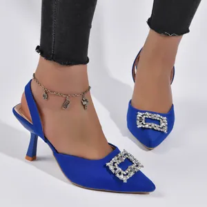 Close-up detail of royal blue pointed-toe heels with a sparkling rhinestone buckle