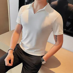 Slim fit men's white V-neck short sleeve Polo shirt with breathable knit texture.