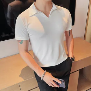 Detailed close-up of a white slim fit breathable V-neck Polo shirt on male model