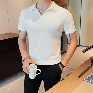 Slim fit white V-neck short sleeve polo shirt for men displayed in a casual indoor setting