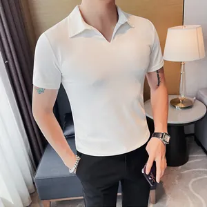 Close-up of a men's white slim-fit Polo shirt featuring a stylish V-neck collar design