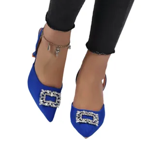 Elegant royal blue pointed-toe high heels with rhinestone square buckle