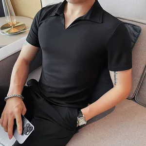 Detailed view of a slim fit black V-neck polo shirt for men with breathable fabric texture