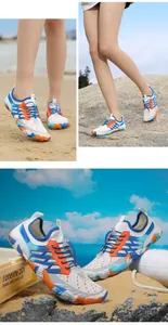 Gedetailleerd overzicht van ademende waterschoenen met oranje en blauwe accenten