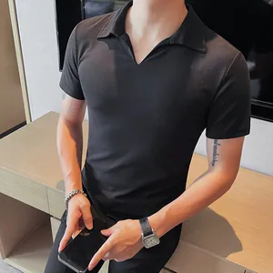 Detailed view of men's slim fit V-neck polo shirt with breathable black fabric.