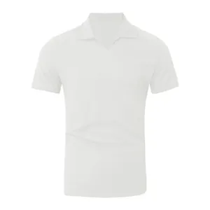 Detailed front view of a white slim-fit V-neck short sleeve polo shirt for men's casual wear