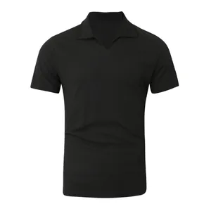 Close-up detail of a men's black short-sleeved V-neck polo shirt with lapel collar