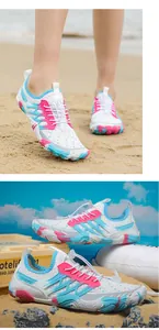 Detailweergave van ademende waterschoenen met kleurrijke camouflagezool op het strand