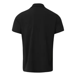 Back view of a black slim-fit polo shirt showing clean stitching and smooth fabric.