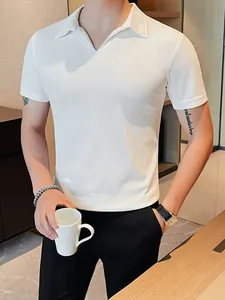 Men's Slim Fit V Neck Polo Shirt Summer Breathable Short Sleeve Top European Fashion Casual Plain Knitted Polo For Men