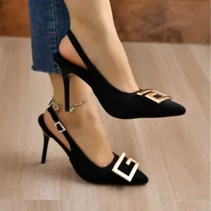 Pointed toe high heel slingback sandals with elegant gold geometric buckle in black