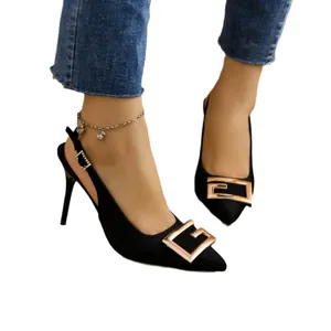 Elegant women's black pointed toe stiletto slingback sandals featuring a gold metal buckle
