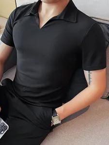 High-quality men's slim fit black V-neck polo shirt with short sleeves for summer leisure