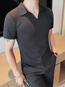 Men's slim fit black V-neck polo shirt, breathable short sleeve summer casual top