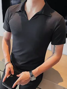 Men's slim fit black short sleeve V-neck polo shirt in breathable fabric