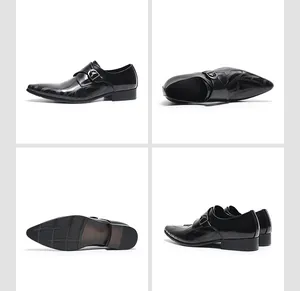 Vues détaillées des chaussures monk en cuir verni noir pour hommes avec bout pointu texturé
