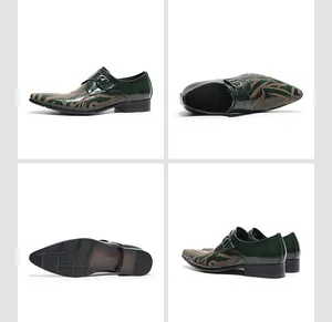 Vue détaillée de chaussures moines en cuir vert à bout pointu pour hommes, motif feuille