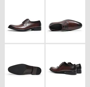 Vues détaillées sous plusieurs angles de chaussures de ville en cuir marron pour homme.