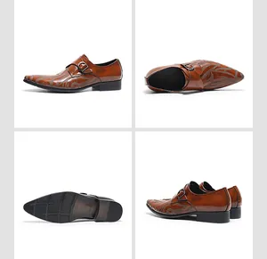 Vues multiples de chaussures habillées en cuir marron à motifs avec boucle pour homme